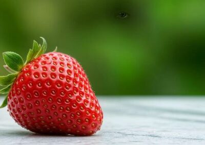 single fresh red strawberry on table green background food fruit sweet macro juicy plant image photo